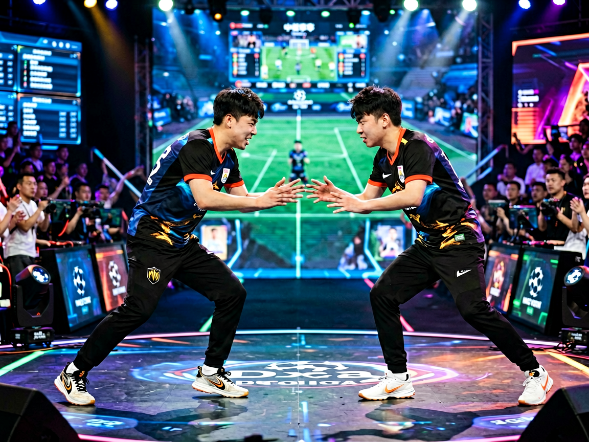 电竞赛事现场，选手在舞台上激烈角逐